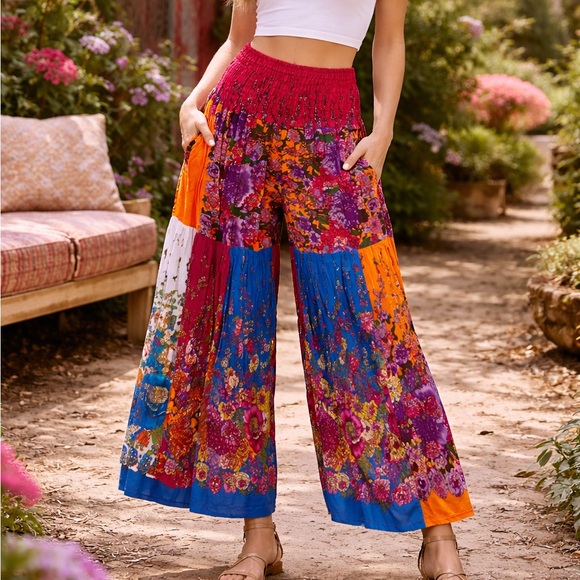 Kathmandu Imports Pants - Wide-Leg Floral Patchwork Pants - Multi
